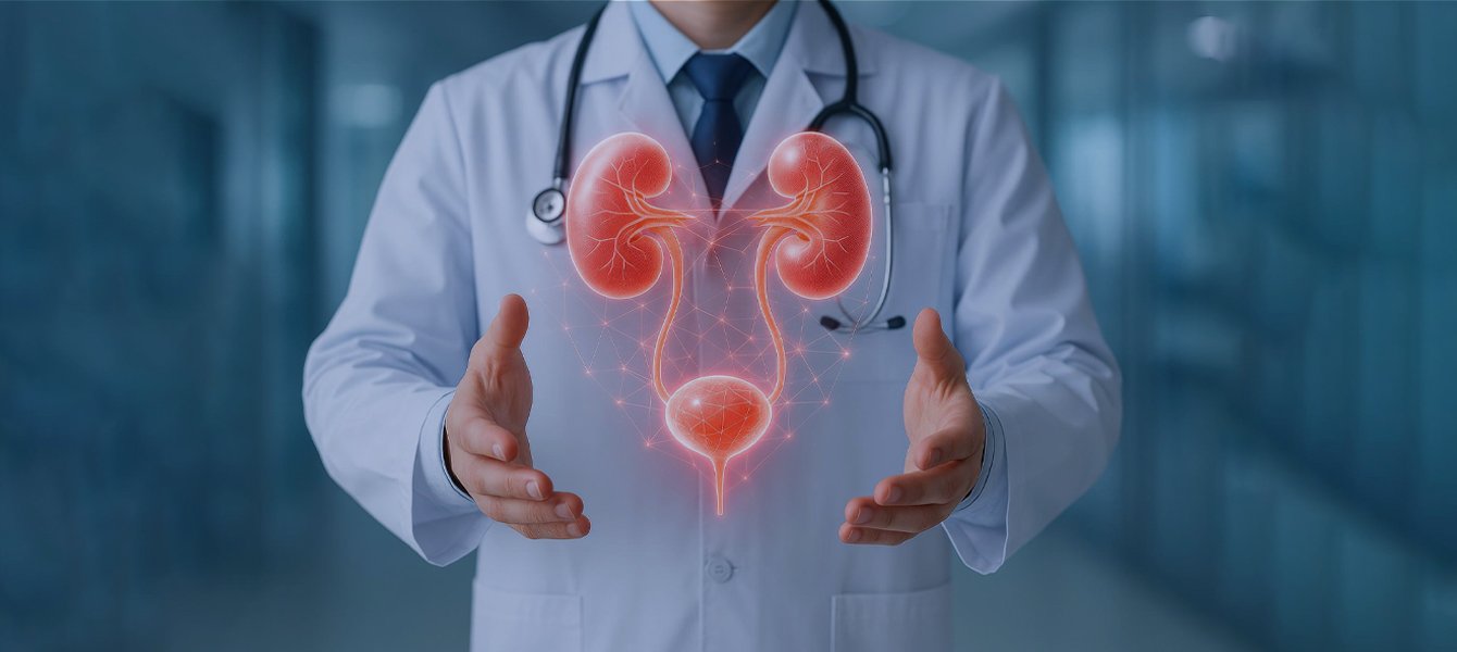 Medical illustration of kidneys in front of a clinician